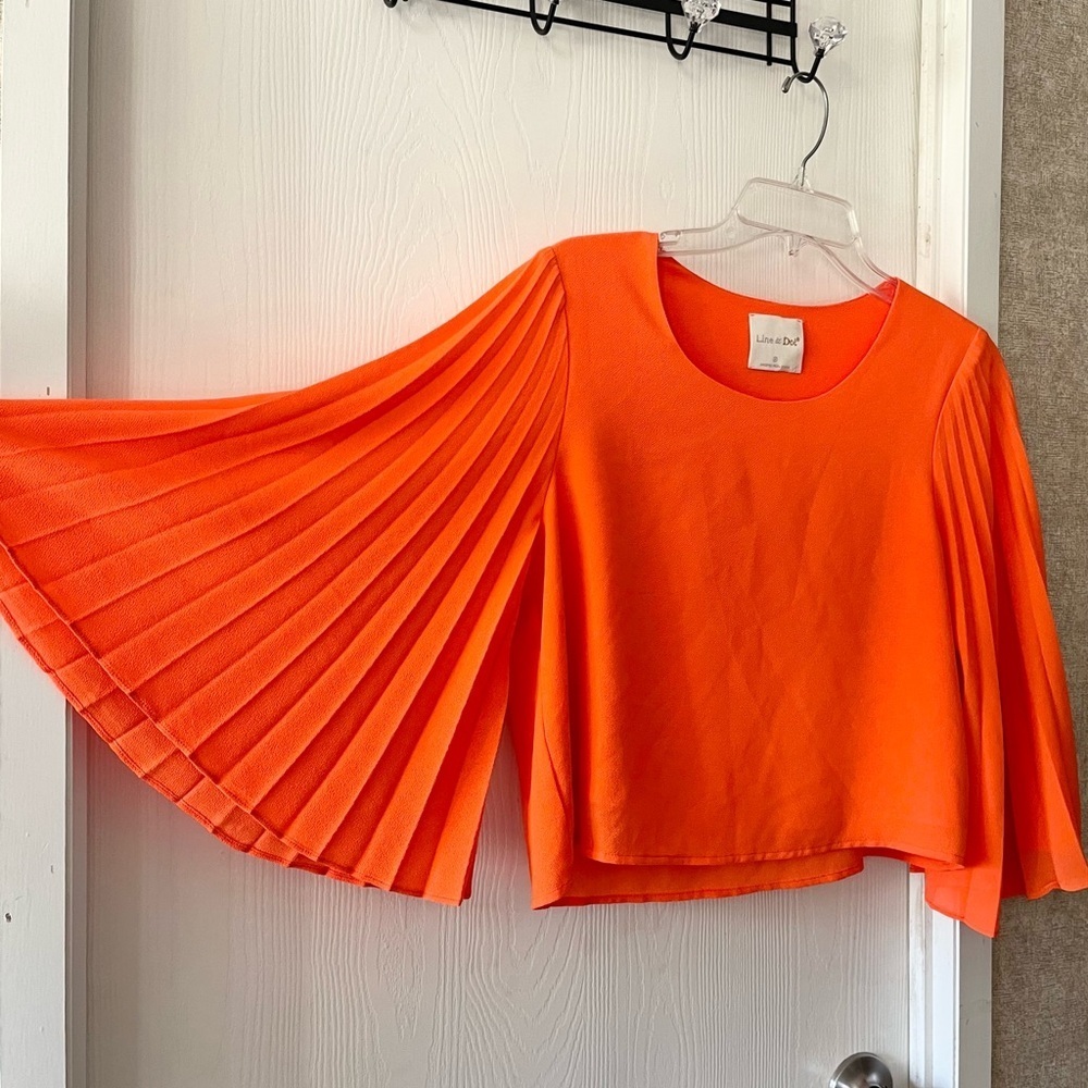 Line & Dot Bright Orange Blouse with Pleated Butterfly-Sleeves